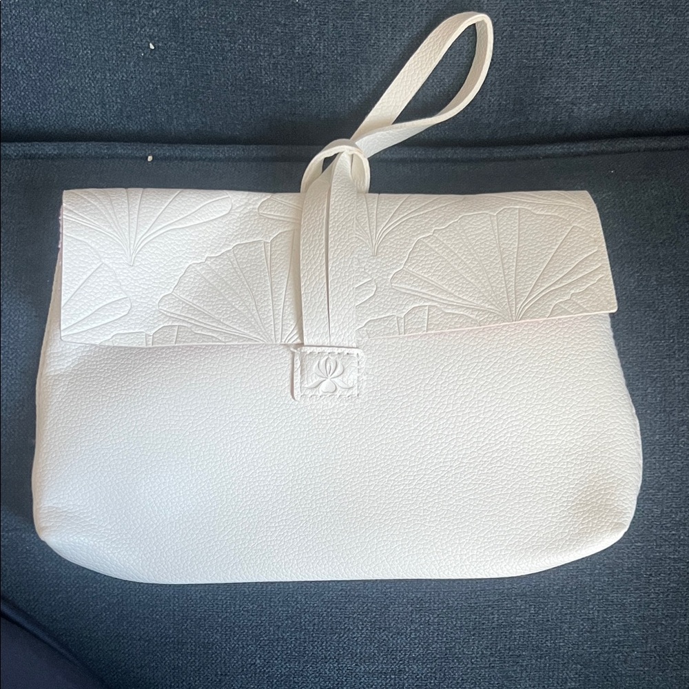 White Embossed Leather Wristlet make up bag